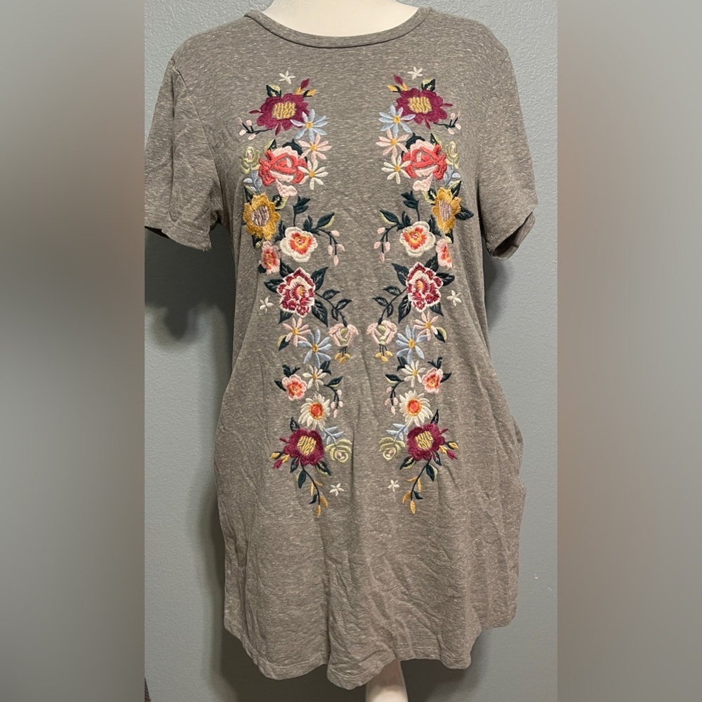 UMGEE Gray Floral Embroidered Mini Dress Boho Tunic Western Festival Medium